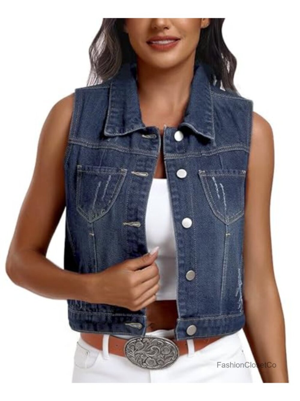 Sleeveless Cropped Denim Vest with Spread Collar and Button Front